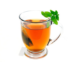 A Cup of Tea with Mint Leaves on White Background