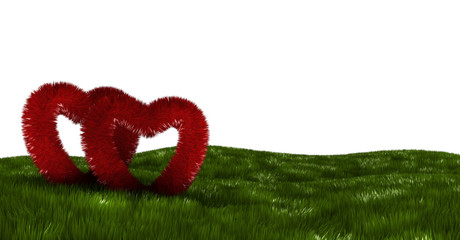two fluffy red hearts on a green field