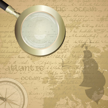 Antique background with old grungy map and magnifying glass