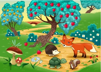 Gordijnen Dieren in het bos. Cartoon vectorillustratie © ddraw