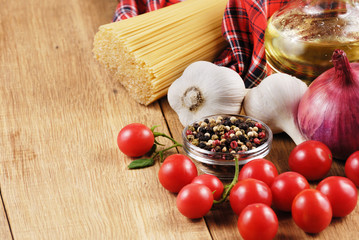 Raw pasta, oil and spices