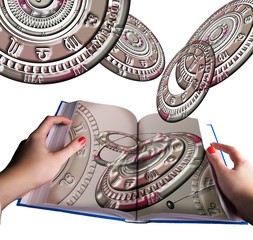 astrology book in hands and horoscope wheels