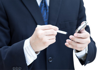 Business man using a mobile phone isolated on white