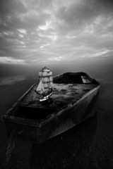 black and white landscape:sail boat