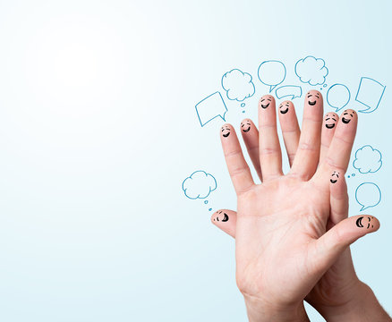 finger smileys with speech bubbles.