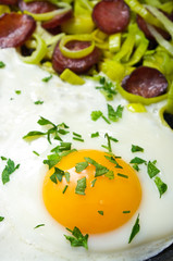 Fried egg with sausage and leek