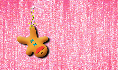 Christmas card with gingerbread man hanging on abstract wall