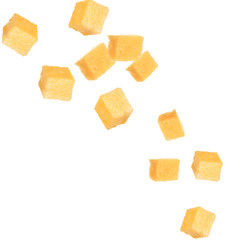 Pine apple cubes falling over white background