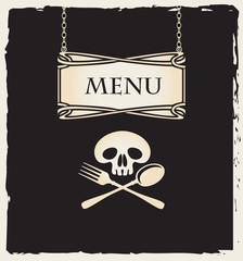 menu with human skull with a spoon and fork