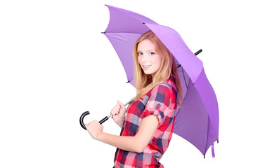 Pretty young woman under a bright purple umbrella