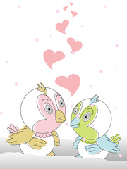 Vector illustration of s greeting card with cute love birds coup