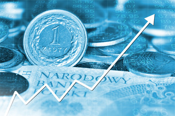 Arrow graph going down and polish currency in background