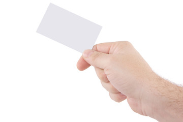 main avec carte de visite vierge sur fond blanc