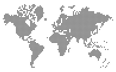 Heart shaped pixels world map.