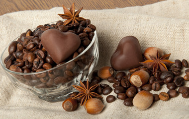 coffee beans and chocolate heart
