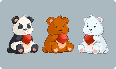 Little Bears holding Hearts - valentine day illustration in vect