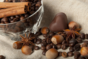 coffee beans, chocolate and cinnamon