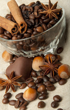 coffee beans, chocolate and cinnamon