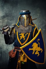 Medieval knight on grey background.