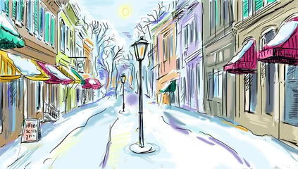 Cercles muraux Café de rue dessiné ville d& 39 hiver - illustration