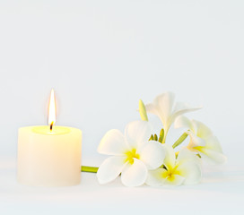Fototapeta na wymiar Aroma candle and frangipani flower, serenity concept