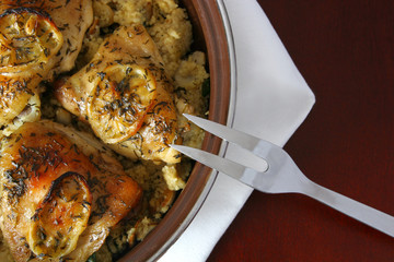 Golden roast chicken on plate