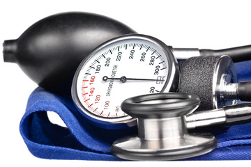 Sphygmomanometer and stethoscope kit  isolated on white