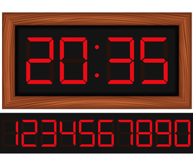 Vector red digital clock in wooden frame