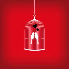 Crédence de cuisine en verre imprimé Oiseaux en cages Carte de Saint-Valentin avec cage à oiseaux et oiseaux qui s& 39 embrassent.