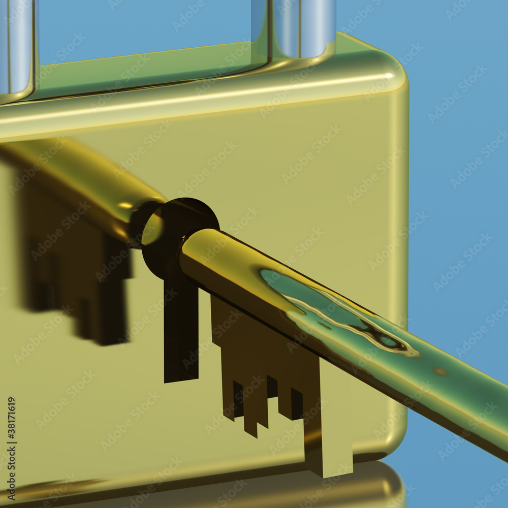 Poster padlock with key closeup showing security protection and safety