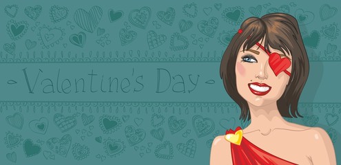 день святого валентина. молодая девушка с узором из сердечек.