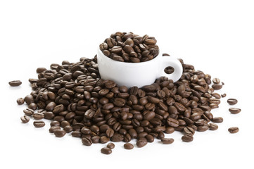 coffee beans and coffee cup isolated on white