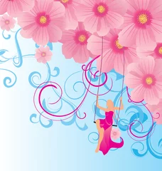 Foto op Plexiglas jong model in de lucht op schommels met roze bloemenillustratie © Cherju