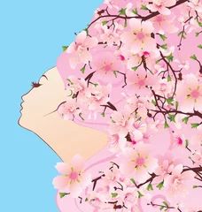 Papier Peint photo Lavable Femme fleurs profil de fille de beauté avec des fleurs de cerisier de cheveux de floraison printanière