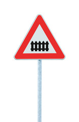 Level crossing with barrier or gate ahead traffic sign, isolated