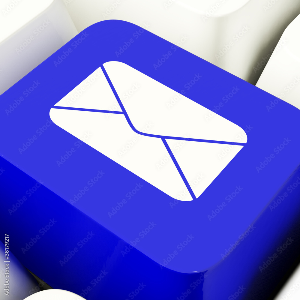 Poster envelope computer key in blue for emailing or contacting