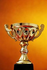 Trophy cup on orange background