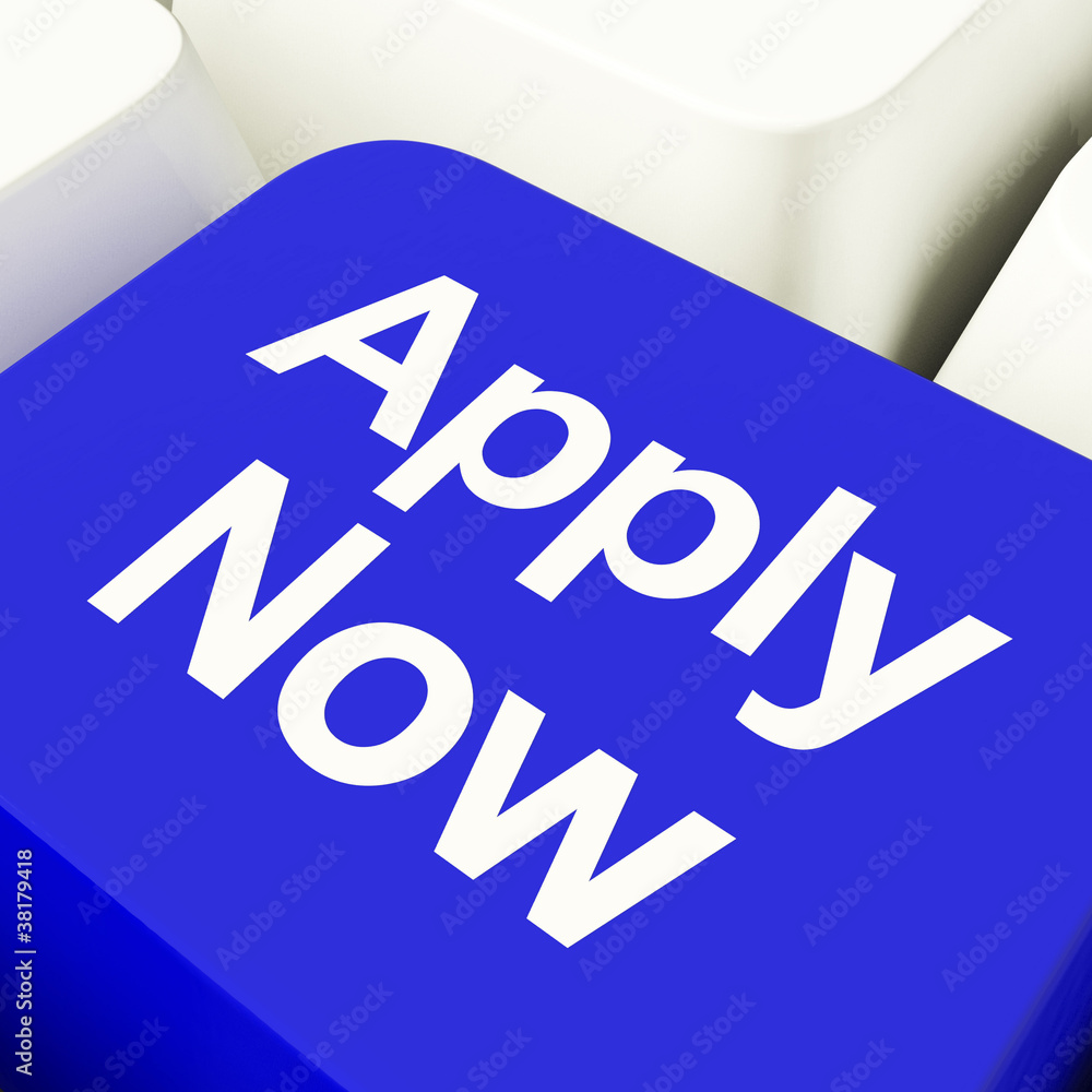 Poster apply now computer key in blue for work application