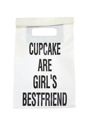 White paper bag with funny text, isolated on white