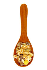 cereal muesli on wooden spoon isolated
