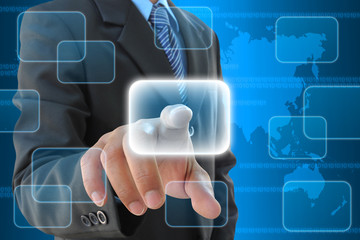 businessman hand pressing a button on a touch screen interface