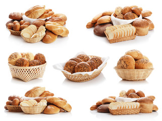 Collage from the different bread on a white background