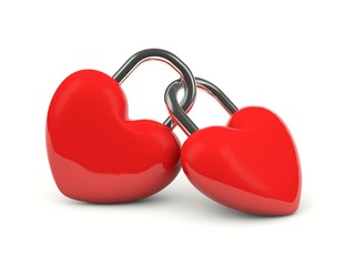 Two hearts locked together isolated on white