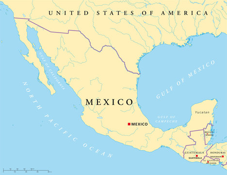 Mexico political map with capital Mexico City, national borders, rivers and lakes. English labeling and scaling. Illustration on white background. Vector.