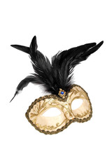 Gold and black feathered mask white with clipping path.