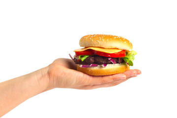 Tasty cheeseburger on female hand