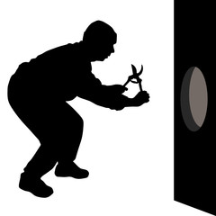 man with scissors is going to the hole in the wall