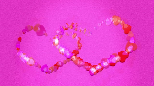 Cartoon hearts glitter to form two hearts with pink background