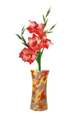 Red gladiolus in colorful vase isolated on white