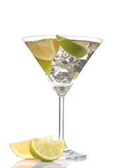 cocktail with ice, lemon and green lime isolated on white